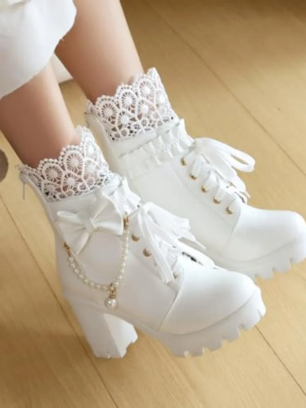 Faux Leather Platform Ankle Boots with Pearl Chain Bow Chunky High Heel Gothic